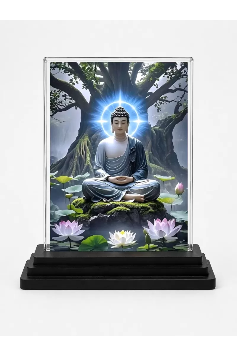 Buddha Acrylic Car Dashboard Showpiece | Double-Sided Buddha Photo Stand | 3 X 4 Inch Photo | Transparent Acrylic Frame With Black Base | Car Dashboard, Office & Table Decor (F71743)