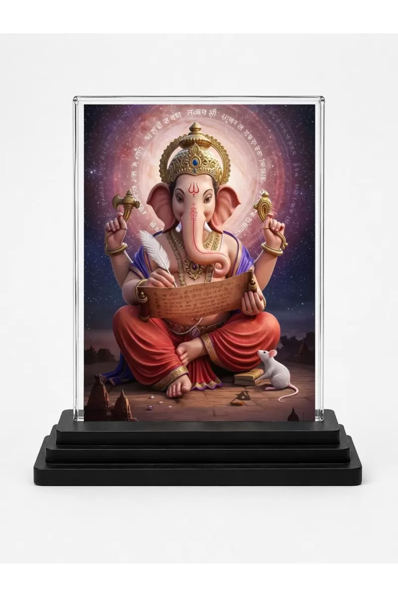 Ganesha Acrylic Car Dashboard Showpiece | Double-Sided Ganesha Photo Stand | 3 X 4 Inch Photo | Transparent Acrylic Frame With Black Base | Car Dashboard, Office & Table Decor (F71744)