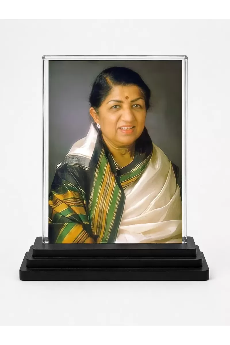 Lata Mangeshkar Acrylic Car Dashboard Showpiece | Double-Sided Lata Mangeshkar Photo Stand | 3 X 4 Inch Photo | Transparent Acrylic Frame With Black Base | Car Dashboard, Office & Table Decor (F71745)