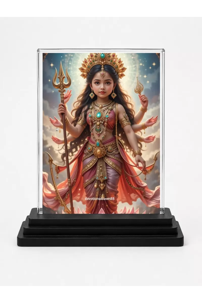 Durga Acrylic Car Dashboard Showpiece | Double-Sided Durga Photo Stand | 3 X 4 Inch Photo | Transparent Acrylic Frame With Black Base | Car Dashboard, Office & Table Decor (F71748)