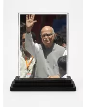 Shree Lalkrishna Advani Acrylic Car Dashboard Showpiece | Double-Sided Shree Lalkrishna Advani Photo Stand | 3 X 4 Inch Photo | Transparent Acrylic Frame With Black Base | Car Dashboard, Office & Table Decor (F71751)