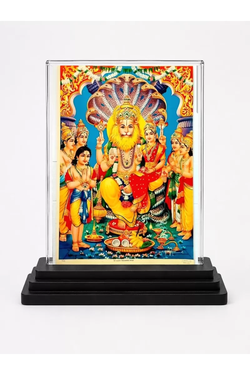 Narasimha Acrylic Car Dashboard Showpiece | Double-Sided Narasimha Photo Stand | 3 X 4 Inch Photo | Transparent Acrylic Frame With Black Base | Car Dashboard, Office & Table Decor (F71752)