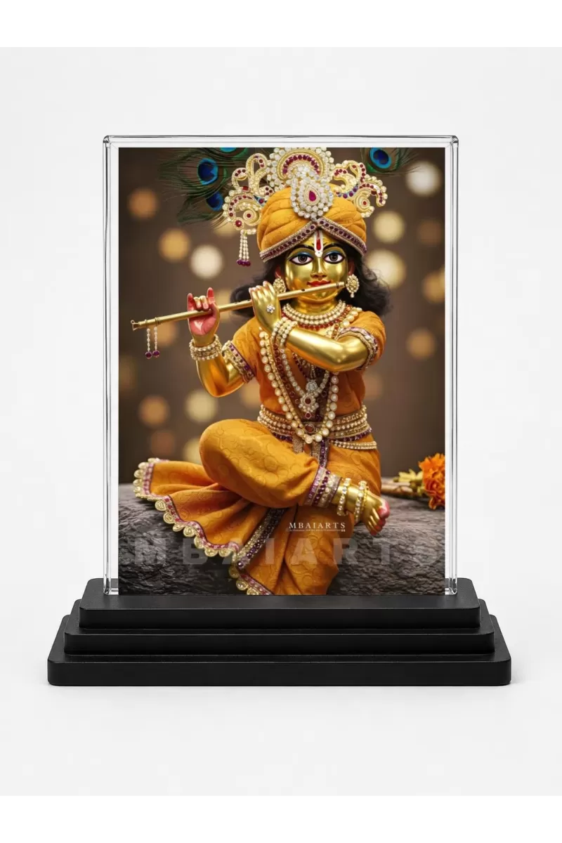 Shree Krishna Acrylic Car Dashboard Showpiece | Double-Sided Shree Krishna Photo Stand | 3 X 4 Inch Photo | Transparent Acrylic Frame With Black Base | Car Dashboard, Office & Table Decor (F71753)