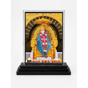 Sai Baba Acrylic Car Dashboard Showpiece | Double-Sided Sai Baba Photo Stand | 3 X 4 Inch Photo | Transparent Acrylic Frame With Black Base | Car Dashboard, Office & Table Decor (F71754)
