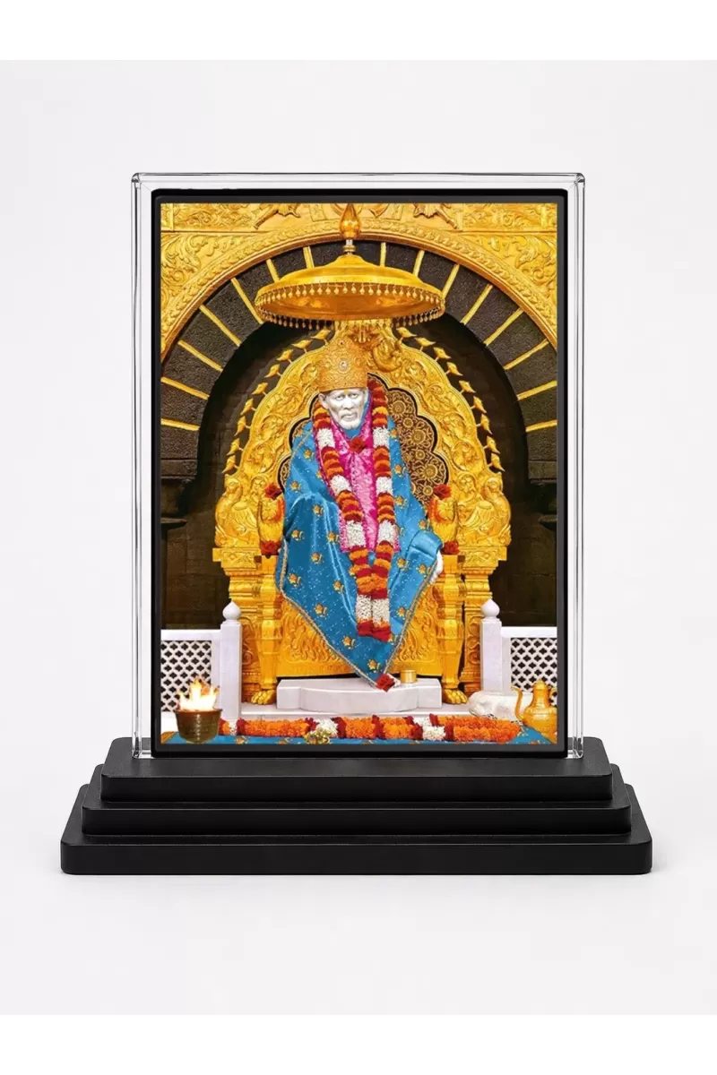 Sai Baba Acrylic Car Dashboard Showpiece | Double-Sided Sai Baba Photo Stand | 3 X 4 Inch Photo | Transparent Acrylic Frame With Black Base | Car Dashboard, Office & Table Decor (F71754)
