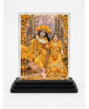 Shree Krishna And Shree Radha Acrylic Car Dashboard Showpiece | Double-Sided Shree Krishna And Shree Radha Photo Stand | 3 X 4 Inch Photo | Transparent Acrylic Frame With Black Base | Car Dashboard, Office & Table Decor (F71756)