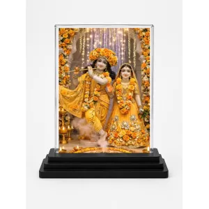 Shree Krishna And Shree Radha Acrylic Car Dashboard Showpiece | Double-Sided Shree Krishna And Shree Radha Photo Stand | 3 X 4 Inch Photo | Transparent Acrylic Frame With Black Base | Car Dashboard, Office & Table Decor (F71756)