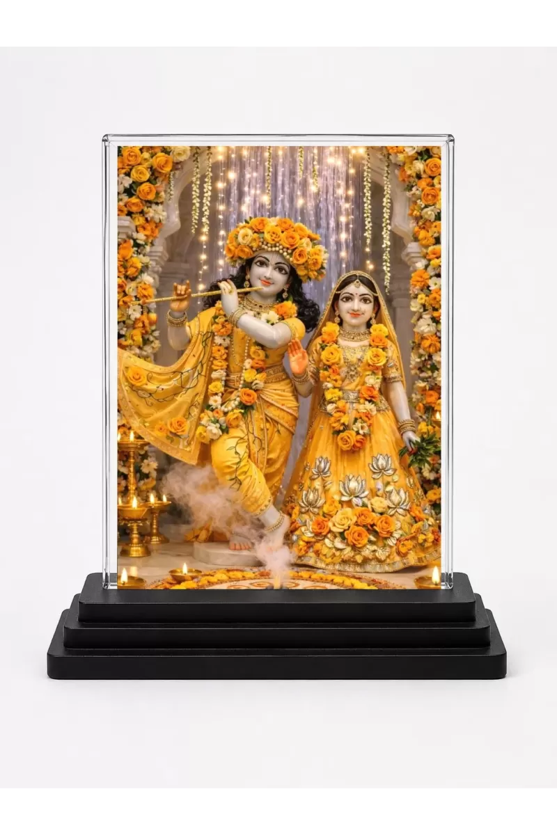 Shree Krishna And Shree Radha Acrylic Car Dashboard Showpiece | Double-Sided Shree Krishna And Shree Radha Photo Stand | 3 X 4 Inch Photo | Transparent Acrylic Frame With Black Base | Car Dashboard, Office & Table Decor (F71756)