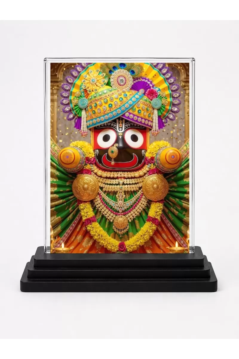 Jagannatha Acrylic Car Dashboard Showpiece | Double-Sided Jagannatha Photo Stand | 3 X 4 Inch Photo | Transparent Acrylic Frame With Black Base | Car Dashboard, Office & Table Decor (F71757)