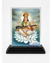 Goddess Saraswati Acrylic Car Dashboard Showpiece | Double-Sided Goddess Saraswati Photo Stand | 3 X 4 Inch Photo | Transparent Acrylic Frame With Black Base | Car Dashboard, Office & Table Decor (F71760)