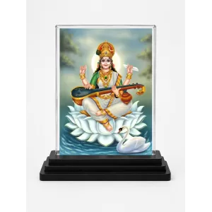 Goddess Saraswati Acrylic Car Dashboard Showpiece | Double-Sided Goddess Saraswati Photo Stand | 3 X 4 Inch Photo | Transparent Acrylic Frame With Black Base | Car Dashboard, Office & Table Decor (F71760)