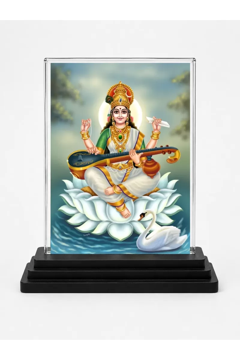 Goddess Saraswati Acrylic Car Dashboard Showpiece | Double-Sided Goddess Saraswati Photo Stand | 3 X 4 Inch Photo | Transparent Acrylic Frame With Black Base | Car Dashboard, Office & Table Decor (F71760)