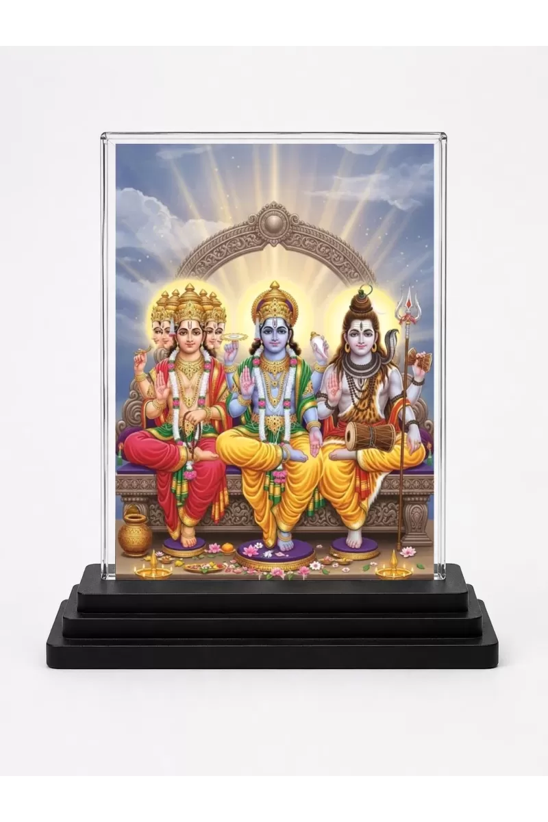 Lord Brahma Lord Vishnu Lord Shiva Acrylic Car Dashboard Showpiece | Double-Sided Lord Brahma Lord Vishnu Lord Shiva Photo Stand | 3 X 4 Inch Photo | Transparent Acrylic Frame With Black Base | Car Dashboard, Office & Table Decor (F71762)