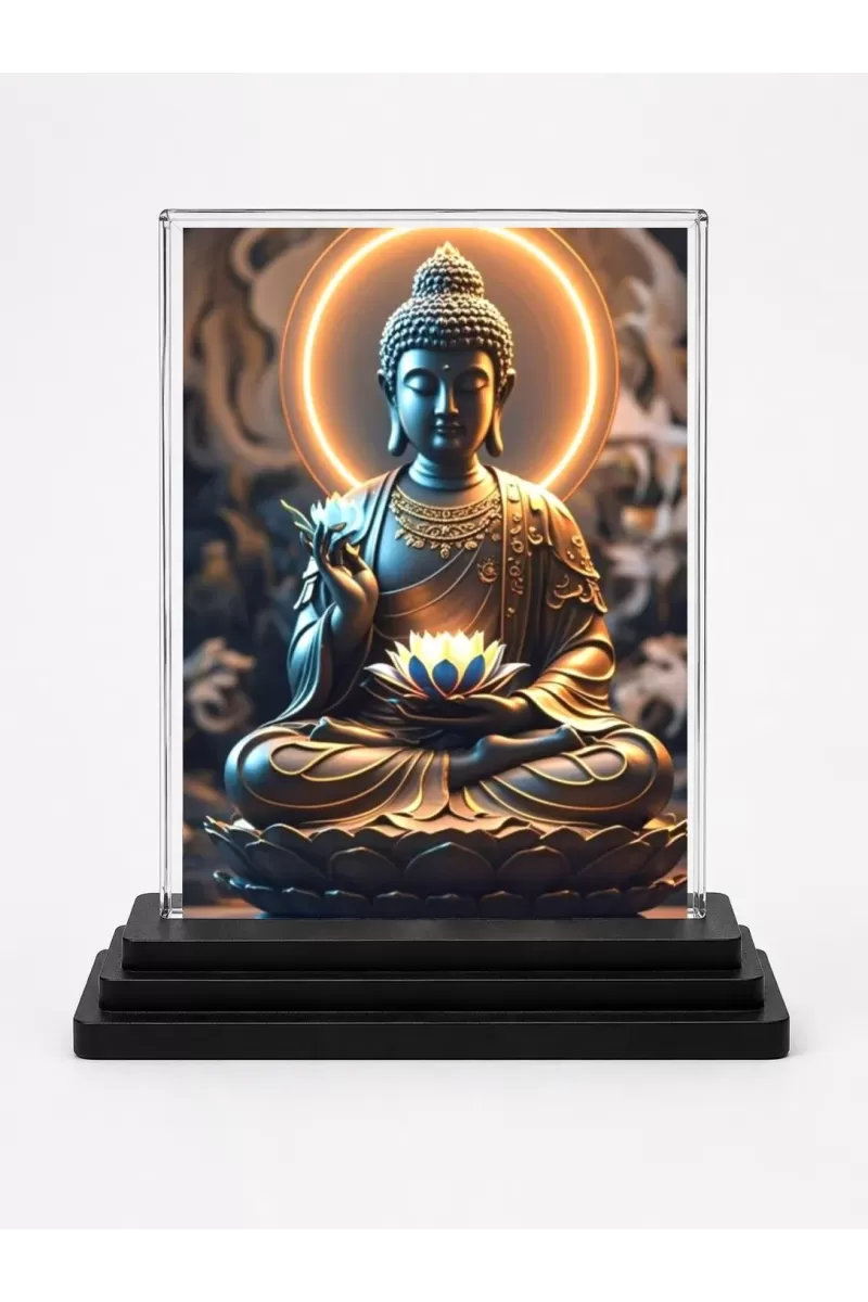 Buddha Acrylic Car Dashboard Showpiece | Double-Sided Buddha Photo Stand | 3 X 4 Inch Photo | Transparent Acrylic Frame With Black Base | Car Dashboard, Office & Table Decor (F71764)