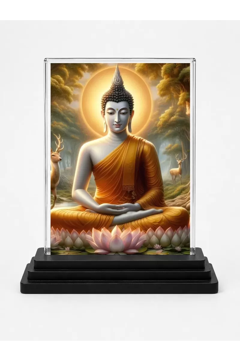 Gautama Buddha Acrylic Car Dashboard Showpiece | Double-Sided Gautama Buddha Photo Stand | 3 X 4 Inch Photo | Transparent Acrylic Frame With Black Base | Car Dashboard, Office & Table Decor (F71765)
