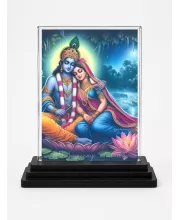 Shree Krishna And Shree Radha Acrylic Car Dashboard Showpiece | Double-Sided Shree Krishna And Shree Radha Photo Stand | 3 X 4 Inch Photo | Transparent Acrylic Frame With Black Base | Car Dashboard, Office & Table Decor (F71767)