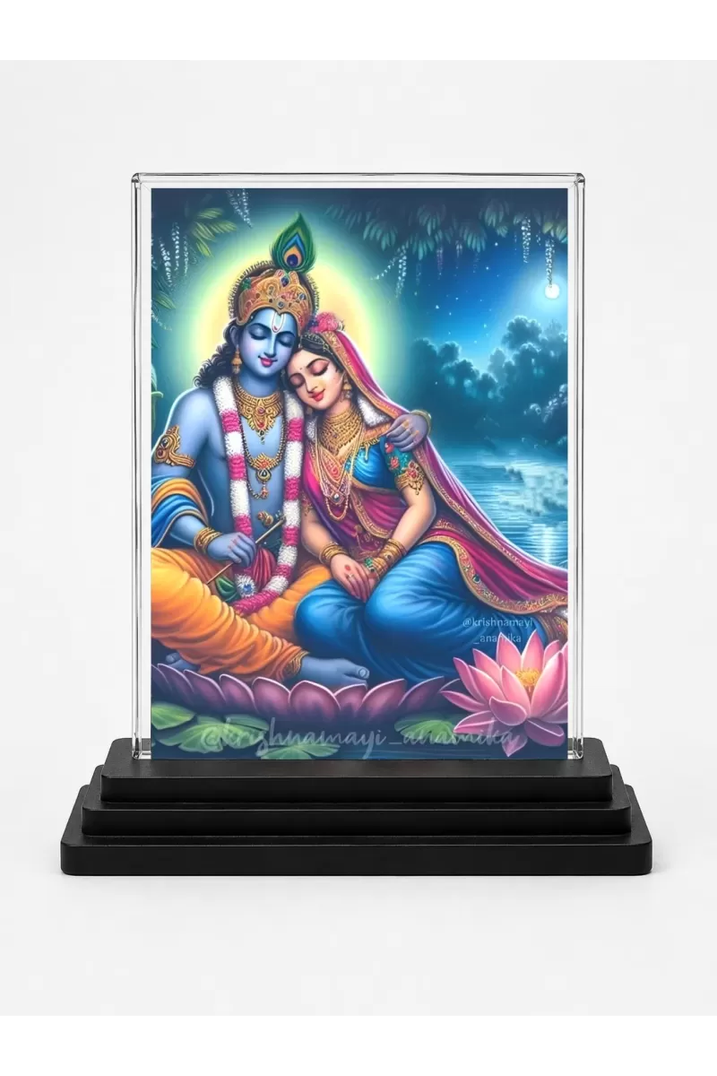 Shree Krishna And Shree Radha Acrylic Car Dashboard Showpiece | Double-Sided Shree Krishna And Shree Radha Photo Stand | 3 X 4 Inch Photo | Transparent Acrylic Frame With Black Base | Car Dashboard, Office & Table Decor (F71767)