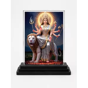 Durga Acrylic Car Dashboard Showpiece | Double-Sided Durga Photo Stand | 3 X 4 Inch Photo | Transparent Acrylic Frame With Black Base | Car Dashboard, Office & Table Decor (F71770)