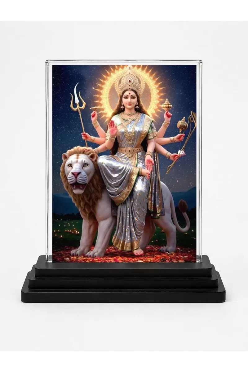 Durga Acrylic Car Dashboard Showpiece | Double-Sided Durga Photo Stand | 3 X 4 Inch Photo | Transparent Acrylic Frame With Black Base | Car Dashboard, Office & Table Decor (F71770)