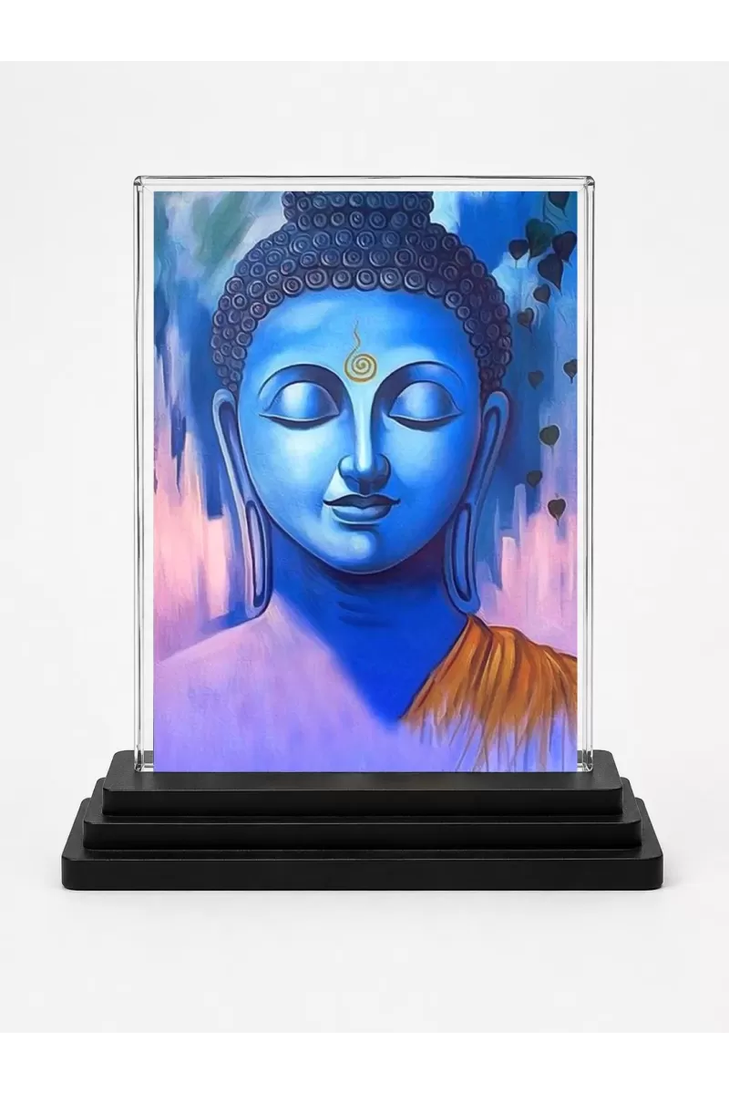 Buddha Acrylic Car Dashboard Showpiece | Double-Sided Buddha Photo Stand | 3 X 4 Inch Photo | Transparent Acrylic Frame With Black Base | Car Dashboard, Office & Table Decor (F71771)