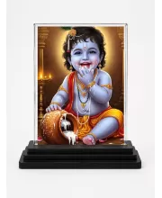 Lord Shree Krishna Acrylic Car Dashboard Showpiece | Double-Sided Lord Shree Krishna Photo Stand | 3 X 4 Inch Photo | Transparent Acrylic Frame With Black Base | Car Dashboard, Office & Table Decor (F71772)