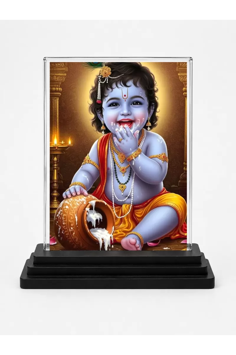 Lord Shree Krishna Acrylic Car Dashboard Showpiece | Double-Sided Lord Shree Krishna Photo Stand | 3 X 4 Inch Photo | Transparent Acrylic Frame With Black Base | Car Dashboard, Office & Table Decor (F71772)