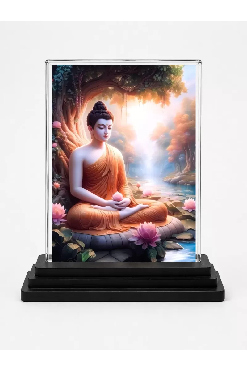 Buddha Acrylic Car Dashboard Showpiece | Double-Sided Buddha Photo Stand | 3 X 4 Inch Photo | Transparent Acrylic Frame With Black Base | Car Dashboard, Office & Table Decor (F71775)
