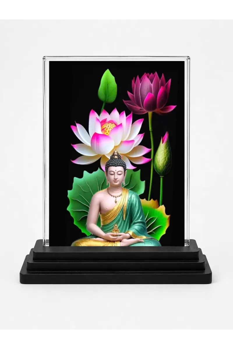 Buddha Acrylic Car Dashboard Showpiece | Double-Sided Buddha Photo Stand | 3 X 4 Inch Photo | Transparent Acrylic Frame With Black Base | Car Dashboard, Office & Table Decor (F71776)