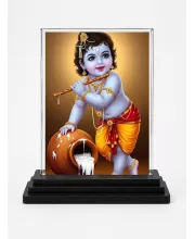 Baby Krishna Acrylic Car Dashboard Showpiece | Double-Sided Baby Krishna Photo Stand | 3 X 4 Inch Photo | Transparent Acrylic Frame With Black Base | Car Dashboard, Office & Table Decor (F71778)