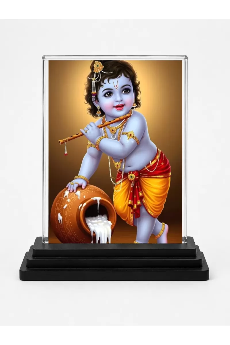 Baby Krishna Acrylic Car Dashboard Showpiece | Double-Sided Baby Krishna Photo Stand | 3 X 4 Inch Photo | Transparent Acrylic Frame With Black Base | Car Dashboard, Office & Table Decor (F71778)