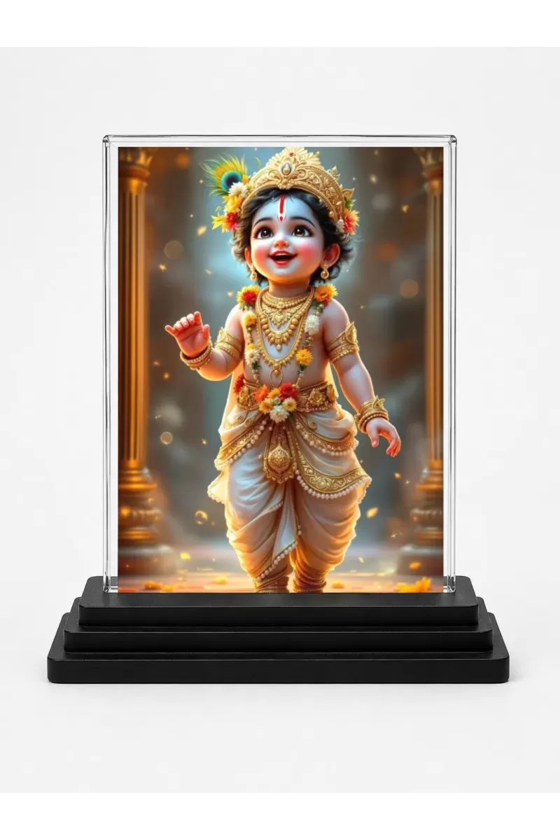 Baby Krishna Acrylic Car Dashboard Showpiece | Double-Sided Baby Krishna Photo Stand | 3 X 4 Inch Photo | Transparent Acrylic Frame With Black Base | Car Dashboard, Office & Table Decor (F71779)