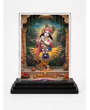 Shree Krishna Acrylic Car Dashboard Showpiece | Double-Sided Shree Krishna Photo Stand | 3 X 4 Inch Photo | Transparent Acrylic Frame With Black Base | Car Dashboard, Office & Table Decor (F71780)