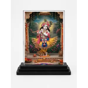 Shree Krishna Acrylic Car Dashboard Showpiece | Double-Sided Shree Krishna Photo Stand | 3 X 4 Inch Photo | Transparent Acrylic Frame With Black Base | Car Dashboard, Office & Table Decor (F71780)
