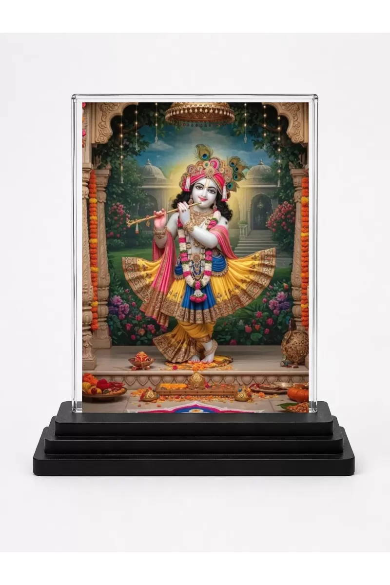 Shree Krishna Acrylic Car Dashboard Showpiece | Double-Sided Shree Krishna Photo Stand | 3 X 4 Inch Photo | Transparent Acrylic Frame With Black Base | Car Dashboard, Office & Table Decor (F71780)