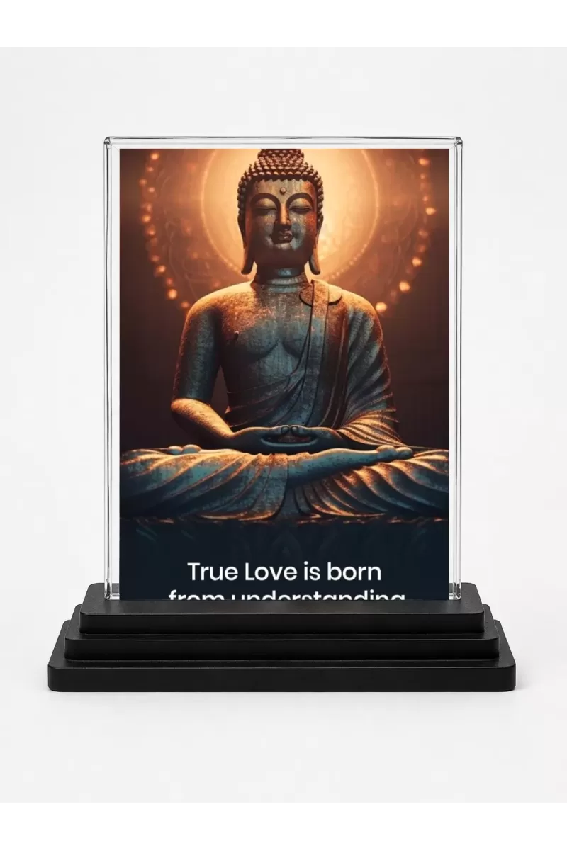 Buddha Acrylic Car Dashboard Showpiece | Double-Sided Buddha Photo Stand | 3 X 4 Inch Photo | Transparent Acrylic Frame With Black Base | Car Dashboard, Office & Table Decor (F71781)