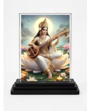 Goddess Saraswati Acrylic Car Dashboard Showpiece | Double-Sided Goddess Saraswati Photo Stand | 3 X 4 Inch Photo | Transparent Acrylic Frame With Black Base | Car Dashboard, Office & Table Decor (F71782)