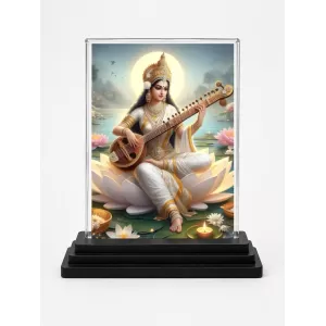 Goddess Saraswati Acrylic Car Dashboard Showpiece | Double-Sided Goddess Saraswati Photo Stand | 3 X 4 Inch Photo | Transparent Acrylic Frame With Black Base | Car Dashboard, Office & Table Decor (F71782)