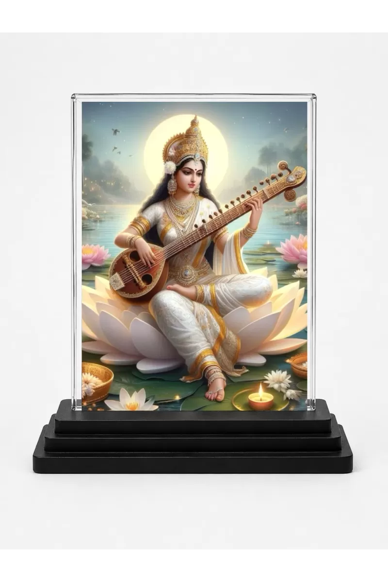 Goddess Saraswati Acrylic Car Dashboard Showpiece | Double-Sided Goddess Saraswati Photo Stand | 3 X 4 Inch Photo | Transparent Acrylic Frame With Black Base | Car Dashboard, Office & Table Decor (F71782)