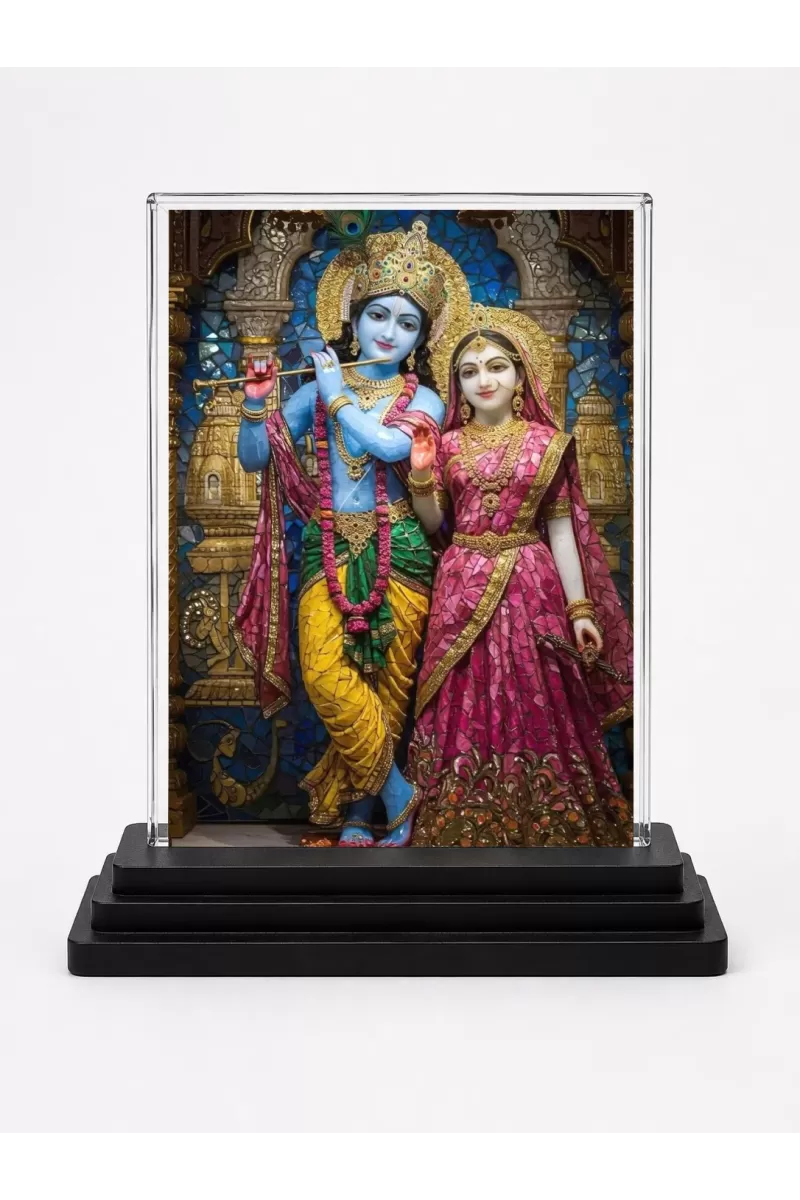 Krishna And Radha Acrylic Car Dashboard Showpiece | Double-Sided Krishna And Radha Photo Stand | 3 X 4 Inch Photo | Transparent Acrylic Frame With Black Base | Car Dashboard, Office & Table Decor (F71784)