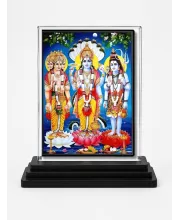 Lord Brahma, Lord Vishnu, Lord Shiva Acrylic Car Dashboard Showpiece | Double-Sided Lord Brahma, Lord Vishnu, Lord Shiva Photo Stand | 3 X 4 Inch Photo | Transparent Acrylic Frame With Black Base | Car Dashboard, Office & Table Decor (F71786)