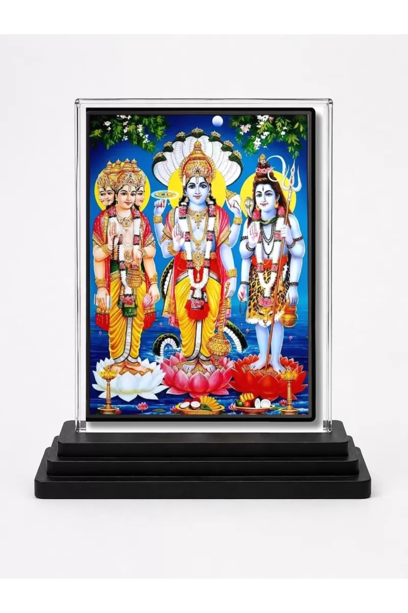 Lord Brahma, Lord Vishnu, Lord Shiva Acrylic Car Dashboard Showpiece | Double-Sided Lord Brahma, Lord Vishnu, Lord Shiva Photo Stand | 3 X 4 Inch Photo | Transparent Acrylic Frame With Black Base | Car Dashboard, Office & Table Decor (F71786)