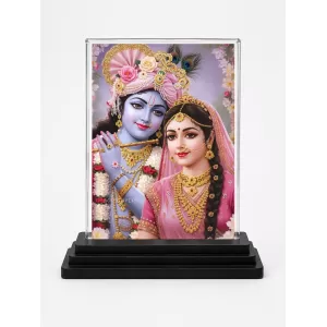Krishna And Radha Acrylic Car Dashboard Showpiece | Double-Sided Krishna And Radha Photo Stand | 3 X 4 Inch Photo | Transparent Acrylic Frame With Black Base | Car Dashboard, Office & Table Decor (F71787)