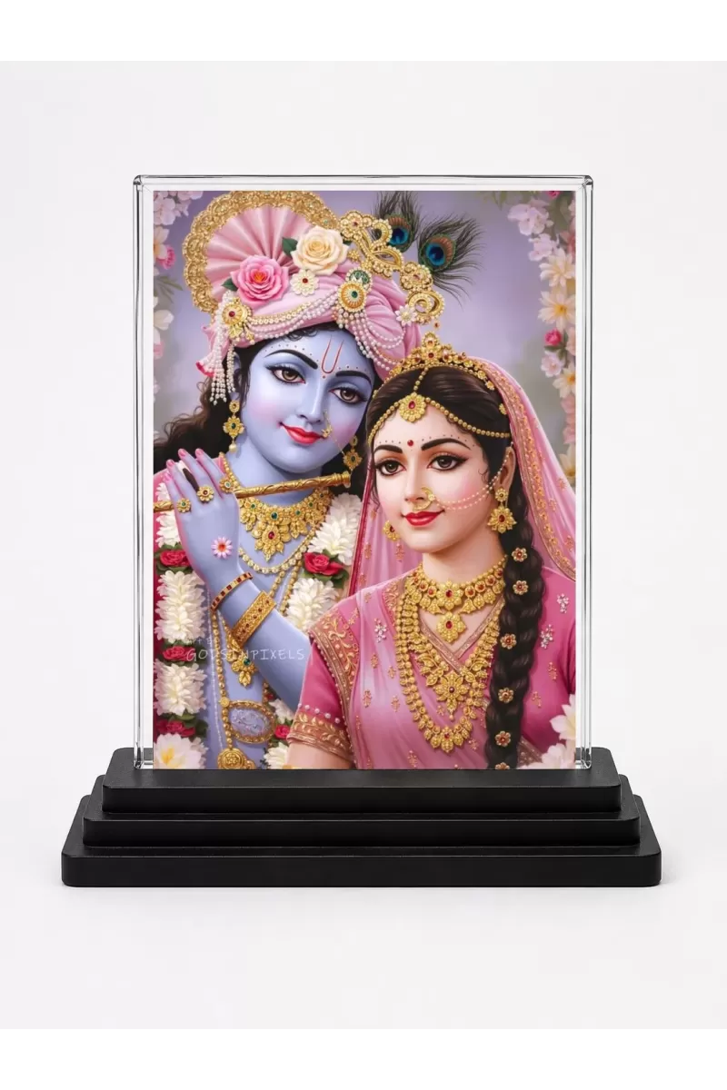 Krishna And Radha Acrylic Car Dashboard Showpiece | Double-Sided Krishna And Radha Photo Stand | 3 X 4 Inch Photo | Transparent Acrylic Frame With Black Base | Car Dashboard, Office & Table Decor (F71787)