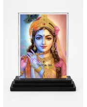 Radha Krishna Acrylic Car Dashboard Showpiece | Double-Sided Radha Krishna Photo Stand | 3 X 4 Inch Photo | Transparent Acrylic Frame With Black Base | Car Dashboard, Office & Table Decor (F71789)