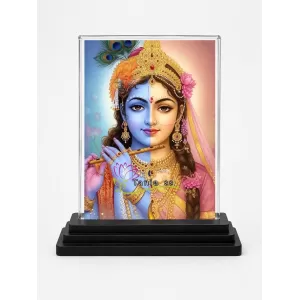Radha Krishna Acrylic Car Dashboard Showpiece | Double-Sided Radha Krishna Photo Stand | 3 X 4 Inch Photo | Transparent Acrylic Frame With Black Base | Car Dashboard, Office & Table Decor (F71789)