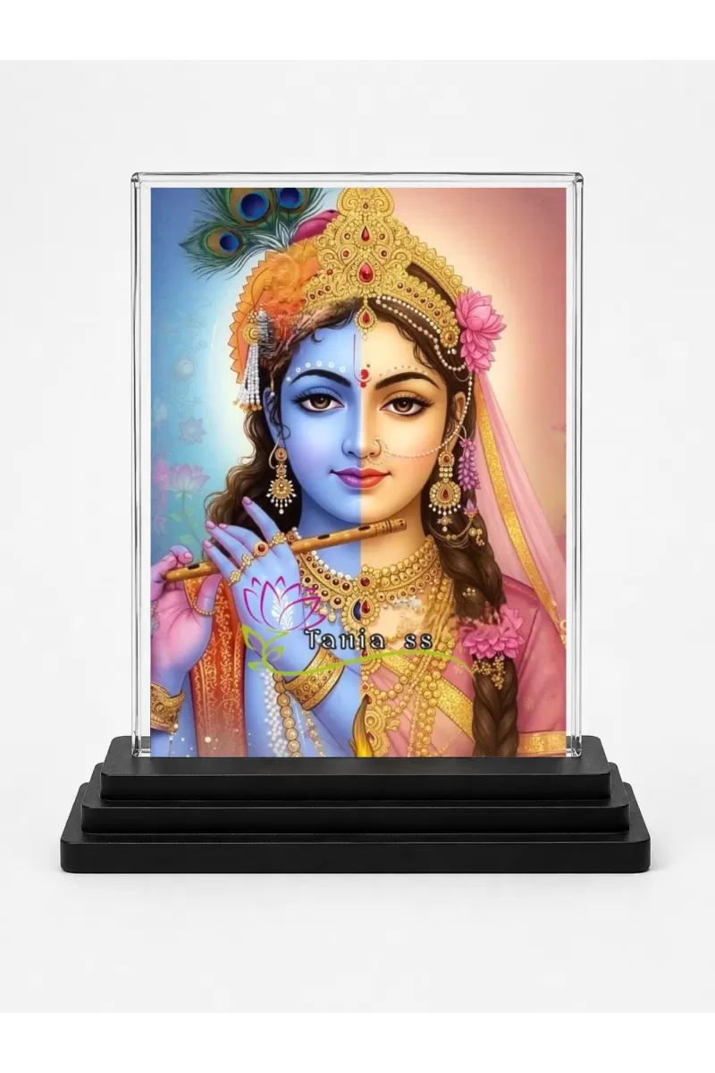 Radha Krishna Acrylic Car Dashboard Showpiece | Double-Sided Radha Krishna Photo Stand | 3 X 4 Inch Photo | Transparent Acrylic Frame With Black Base | Car Dashboard, Office & Table Decor (F71789)