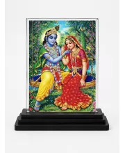 Shree Krishna And Shree Radha Acrylic Car Dashboard Showpiece | Double-Sided Shree Krishna And Shree Radha Photo Stand | 3 X 4 Inch Photo | Transparent Acrylic Frame With Black Base | Car Dashboard, Office & Table Decor (F71790)