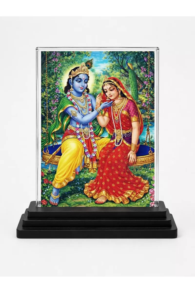Shree Krishna And Shree Radha Acrylic Car Dashboard Showpiece | Double-Sided Shree Krishna And Shree Radha Photo Stand | 3 X 4 Inch Photo | Transparent Acrylic Frame With Black Base | Car Dashboard, Office & Table Decor (F71790)