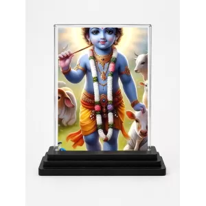 Krishna Acrylic Car Dashboard Showpiece | Double-Sided Krishna Photo Stand | 3 X 4 Inch Photo | Transparent Acrylic Frame With Black Base | Car Dashboard, Office & Table Decor (F71791)
