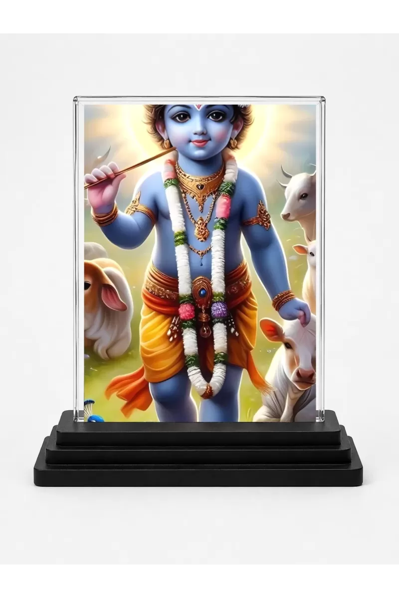 Krishna Acrylic Car Dashboard Showpiece | Double-Sided Krishna Photo Stand | 3 X 4 Inch Photo | Transparent Acrylic Frame With Black Base | Car Dashboard, Office & Table Decor (F71791)